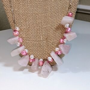 Pink Rose Stone and Bead Silver Necklace